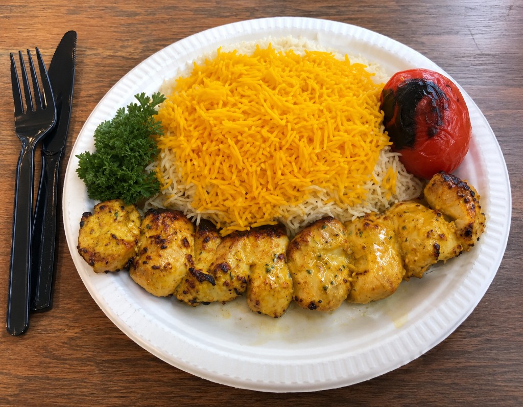 Joojeh Kabab — saffron chicken over basmati rice